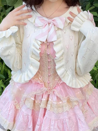 甘い白い長袖フリルハート柄