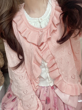 甘い白い長袖フリルハート柄