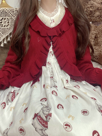 レッド 甘い白い長袖フリルハート柄