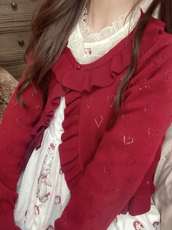 甘い白い長袖フリルハート柄