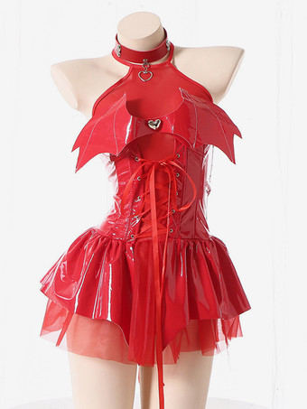 レッド セクシー全身タイツ ハロウィン セクシーな全身タイツコスチューム女性用小悪魔ショートスカートホットガールタイツユニフォームキャットスーツ