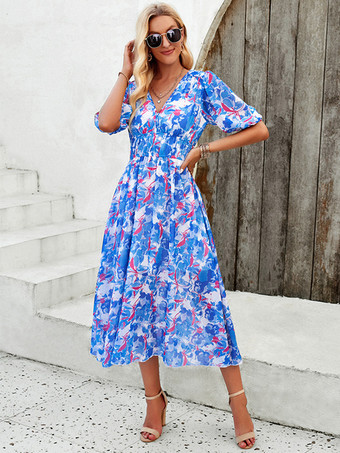 ブルー サマードレス 花柄プリント Vネック ボヘミアン ミディドレス