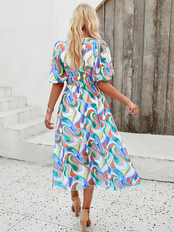 サマードレス 花柄プリント Vネック ボヘミアン ミディドレス