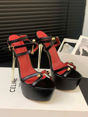 セクシーなサンダル女性のためのブラック PU レザーピープトウ 2.4 "メタルディテール 6.3" セクシーな靴