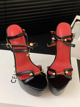 セクシーなサンダル女性のためのブラック PU レザーピープトウ 2.4 "メタルディテール 6.3" セクシーな靴