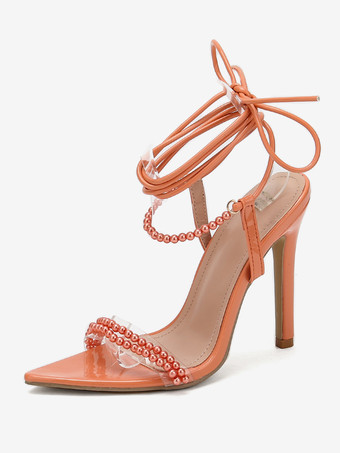 ブリックレッドレディース ヒール サンダル ポインテッドトゥ スティレットヒール PU レザー サンダル