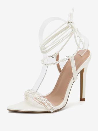 ホワイト レディース ヒール サンダル ポインテッドトゥ スティレットヒール PU レザー サンダル