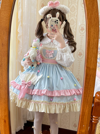 ライトスカイブルースイートロリータドレスポリエステルノースリーブスイートジャンパーロリータドレス