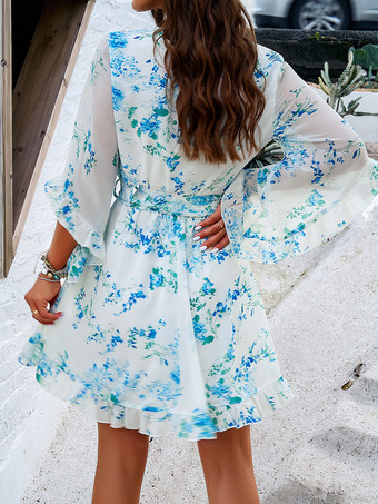 花柄ドレス V ネック ベルト付き デイリー カジュアル ミディ ドレス 春夏用