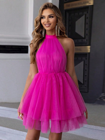 ローズレッドブルー ショート ドレス ホルター ネック ノースリーブ シアー パーティー ミニ ドレス