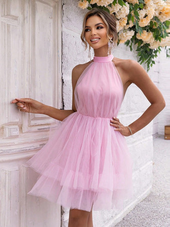 ピンクブルー ショート ドレス ホルター ネック ノースリーブ シアー パーティー ミニ ドレス