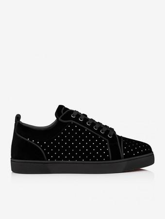 Mens Sneakers Suede Leather Round Toe Silver Strass Black Suede