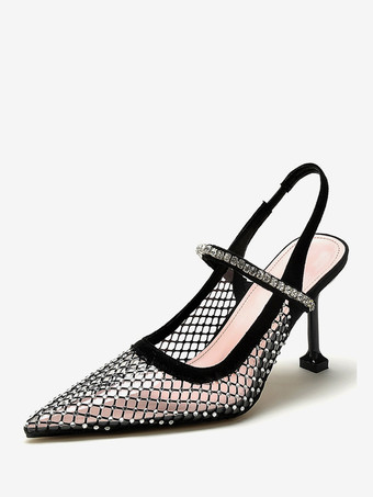 Женские туфли-лодочки на каблуке-шпильке с открытой пяткой и черной сеткой со стразами обувь для вечеринок
