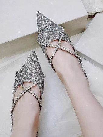 レディース バレエ フラット スパンコール ポインテッドトゥ ストラップ フラット ウェディング シューズ