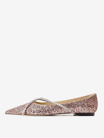 ピンクレディース バレエ フラット スパンコール ポインテッドトゥ ストラップ フラット ウェディング シューズ