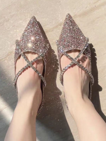 レディース バレエ フラット スパンコール ポインテッドトゥ ストラップ フラット ウェディング シューズ