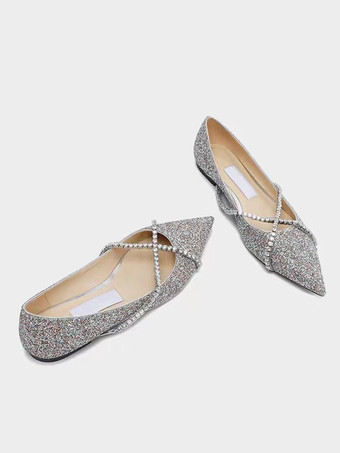 レディース バレエ フラット スパンコール ポインテッドトゥ ストラップ フラット ウェディング シューズ