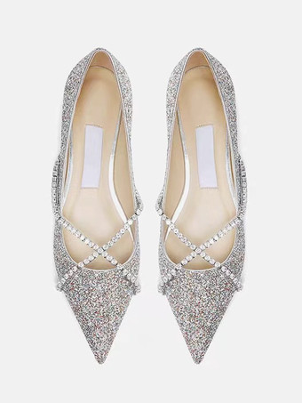 レディース バレエ フラット スパンコール ポインテッドトゥ ストラップ フラット ウェディング シューズ