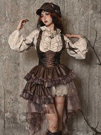 Gothic Lolita Blouses Apricot Long Sleeves Ruffles Lolita Top Floral Print Lolita Shirt