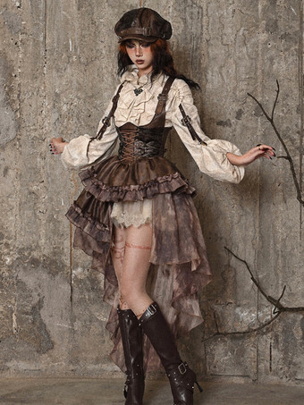 Gothic Lolita Blouses Apricot Long Sleeves Ruffles Lolita Top Floral Print Lolita Shirt