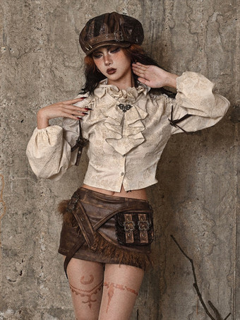 Gothic Lolita Blouses Apricot Long Sleeves Ruffles Lolita Top Floral Print Lolita Shirt