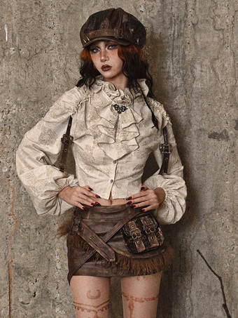 Apricot Gothic Lolita Blouses Apricot Long Sleeves Ruffles Lolita Top Floral Print Lolita Shirt