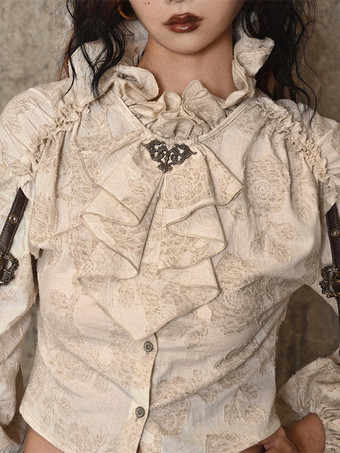 Gothic Lolita Blouses Apricot Long Sleeves Ruffles Lolita Top Floral Print Lolita Shirt