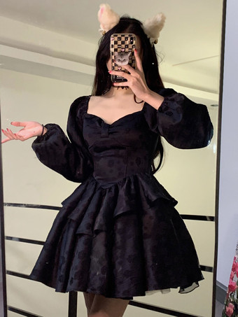 ブラック ゴスロリ ドレス フリル ティアード ブラック 生成り ホワイト