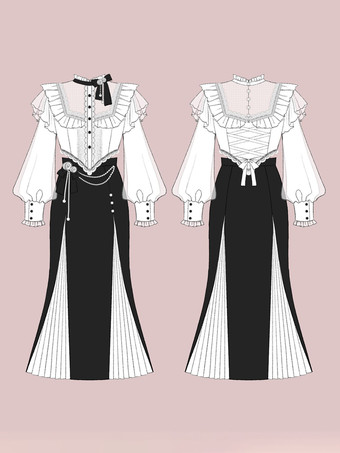 甘いロリータ衣装白い花パールフリルレース長袖ブラウススカート