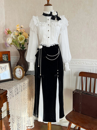 甘いロリータ衣装白い花パールフリルレース長袖ブラウススカート
