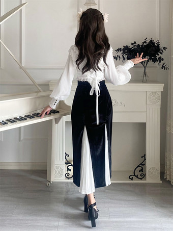 甘いロリータ衣装白い花パールフリルレース長袖ブラウススカート