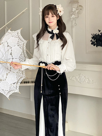 甘いロリータ衣装白い花パールフリルレース長袖ブラウススカート