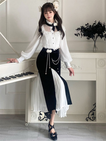 甘いロリータ衣装白い花パールフリルレース長袖ブラウススカート