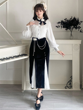 甘いロリータ衣装白い花パールフリルレース長袖ブラウススカート