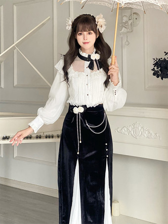 ホワイト 甘いロリータ衣装白い花パールフリルレース長袖ブラウススカート