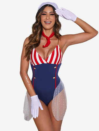 ブルー セーラーコスチュームセクシーなレディースボールパーティージャンプスーツ