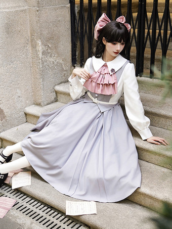 スイートロリータドレスポリエステル長袖フリルアカデミックロリータドレス