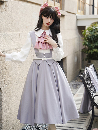 スイートロリータドレスポリエステル長袖フリルアカデミックロリータドレス