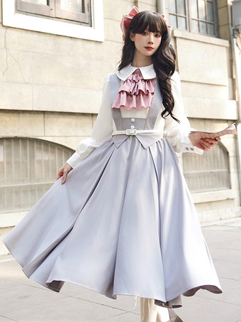 スイートロリータドレスポリエステル長袖フリルアカデミックロリータドレス
