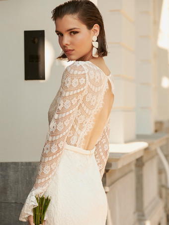 ボヘミアン ウェディングドレス レース レース マーメイド スイープ バックレス 長袖 Vネック アイボリー