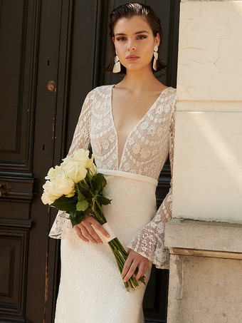 ボヘミアン ウェディングドレス レース レース マーメイド スイープ バックレス 長袖 Vネック アイボリー