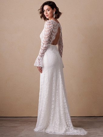 ボヘミアン ウェディングドレス レース レース マーメイド スイープ バックレス 長袖 Vネック アイボリー