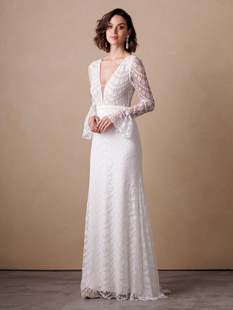 ホワイトボヘミアン ウェディングドレス レース レース マーメイド スイープ バックレス 長袖 Vネック アイボリー