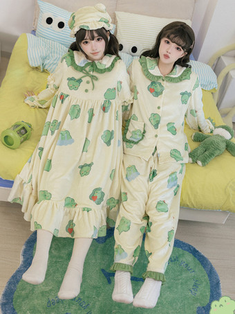 甘いロリータ衣装グリーンフリル花柄長袖パンツ帽子トップ