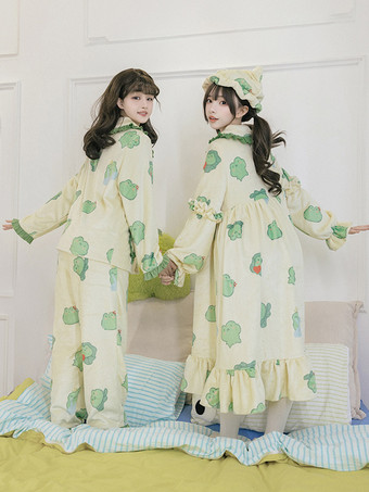 甘いロリータ衣装グリーンフリル花柄長袖パンツ帽子トップ