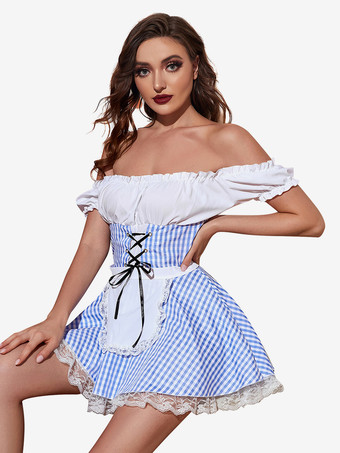 ライトスカイブルー女性セクシーなメイド衣装レディースドレスサーヴァントガールコスチューム