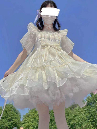アイボリー スイートロリータドレス ポリエステル半袖ドレス スイートロリータドレス