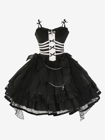 ゴスロリ ドレス フリル レースアップ ポルカドット ブラック ブラック