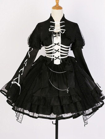 ゴスロリ ドレス フリル レースアップ ポルカドット ブラック ブラック