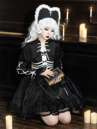 ゴスロリ ドレス フリル レースアップ ポルカドット ブラック ブラック